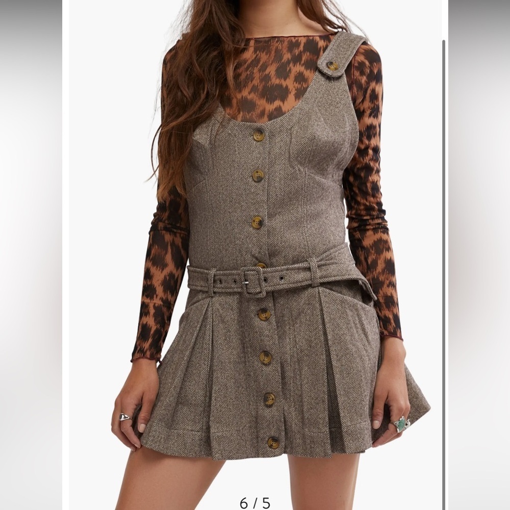 new Free People Belong Together pinafore dress in brown combo herringbone